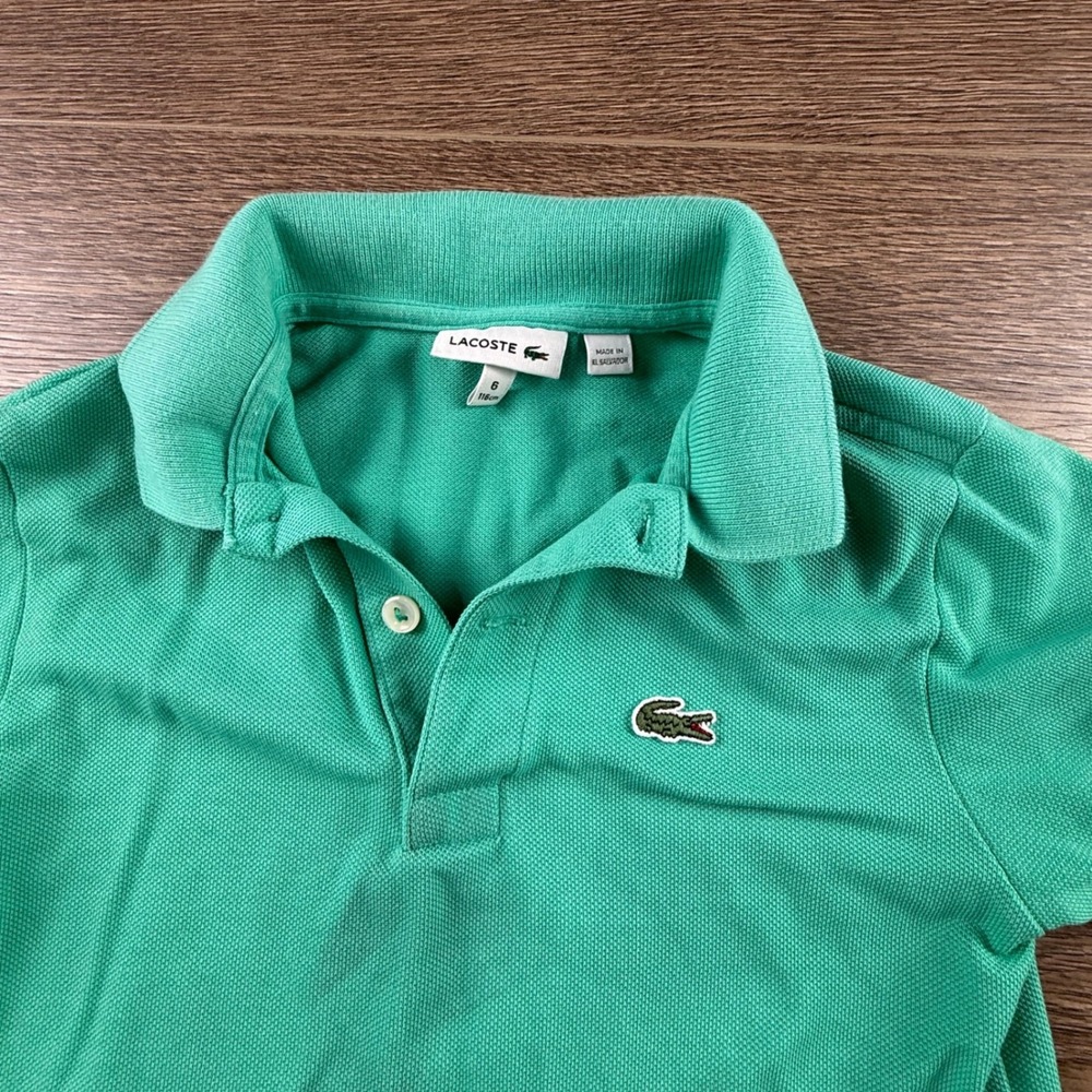 Lacoste Boys Green Short Sleeve Pique Polo Shirt Logo Size 6 Fair Condition